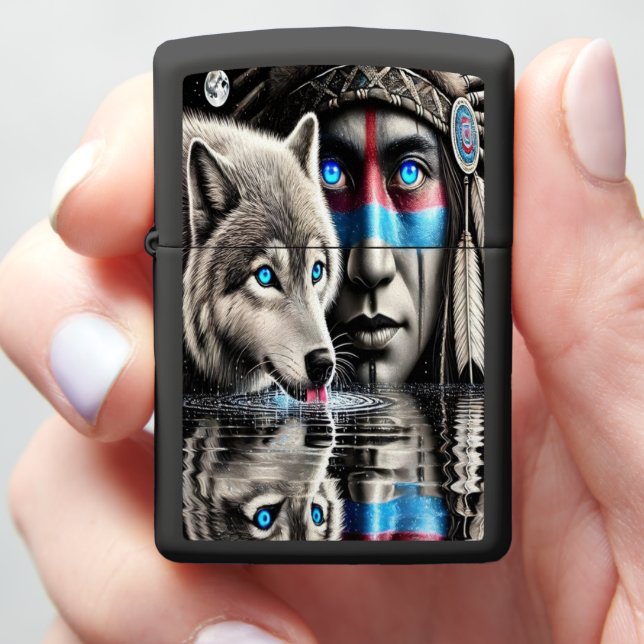 Native Warrior and Wolf Moonlit Reflection Zippo Lighter (In Hand)