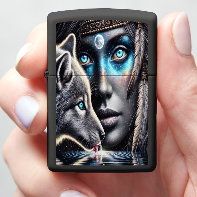 Native Warrior and Wolf Under Moonlight Zippo Lighter (In Hand)