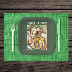 Native Western American Indian Woman Woods Green Paper Plates