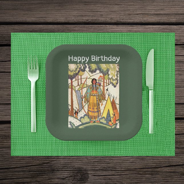Native Western American Indian Woman Woods Green Paper Plates (Native American woman in woods tepee embroidered texture on dark green paper party plates.)