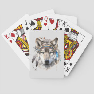 Native Wolf in Feathers Playing Cards