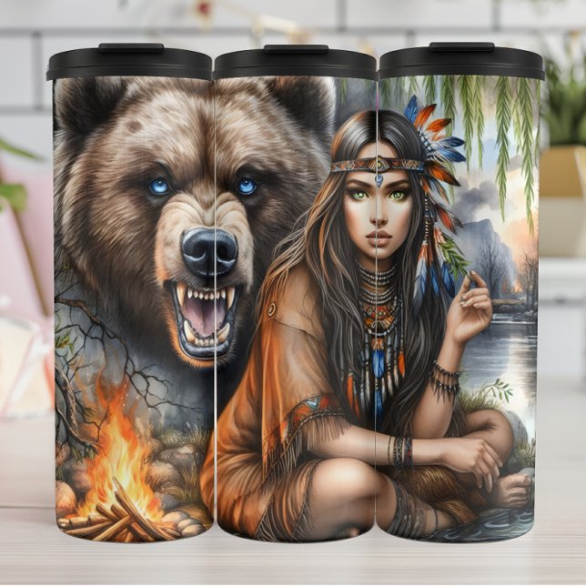 Native Woman and Grizzly Bear Thermal Tumbler (Creator Uploaded)