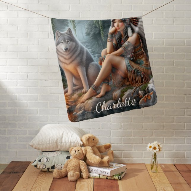 Native woman and wolf by the stream baby blanket (In Situ)
