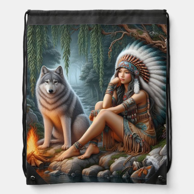 Native woman and wolf by the stream drawstring bag (Front)