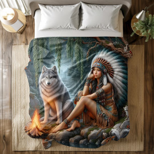 Native woman and wolf by the stream duvet cover