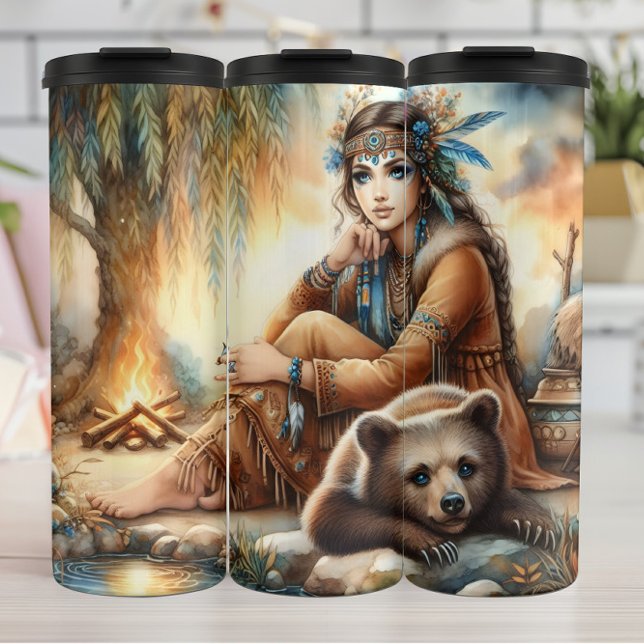 Native Woman, Bear Cub: Campfire Thermal Tumbler (Creator Uploaded)