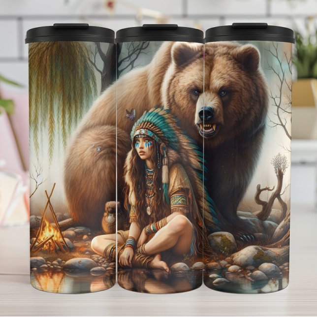 Native Woman, Bear, Fire: Personalize Thermal Tumbler (Creator Uploaded)