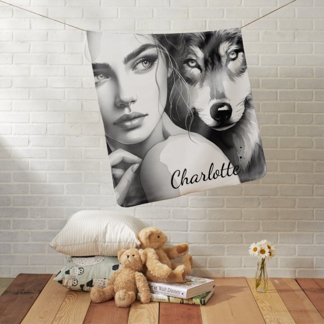 Native woman bonds with noble wolf baby blanket (In Situ)