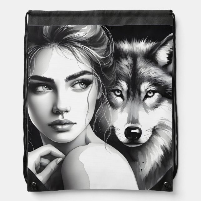 Native woman bonds with noble wolf drawstring bag (Front)