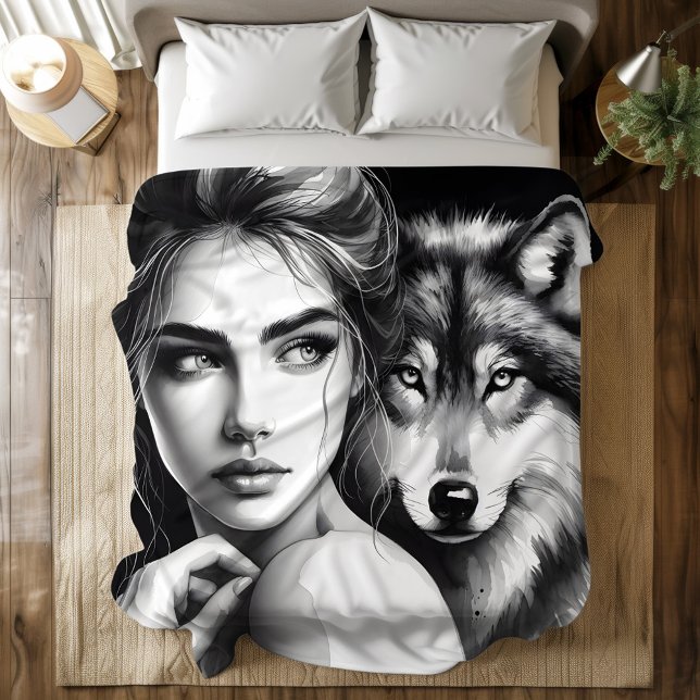 Native woman bonds with noble wolf duvet cover (Creator Uploaded)