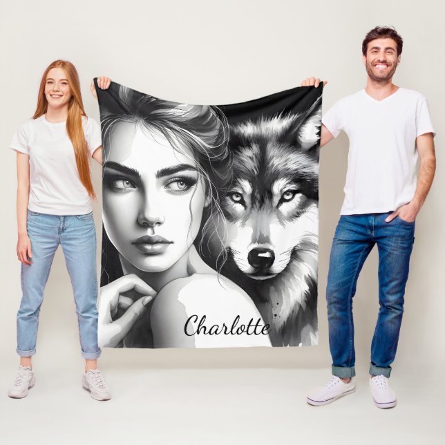 Native woman bonds with noble wolf fleece blanket (In Situ)