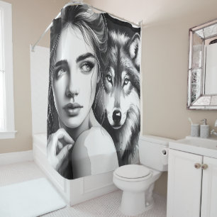 Native woman bonds with noble wolf shower curtain