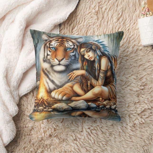 Native Woman by Tiger Near Fire Throw Pillow (Blanket)