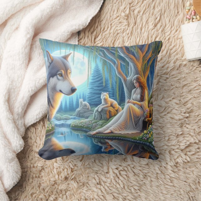 Native Woman by Wolf by Water Throw Pillow (Blanket)