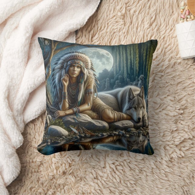 Native Woman Cuddles Wolf by Moonlit Water Throw Pillow (Blanket)