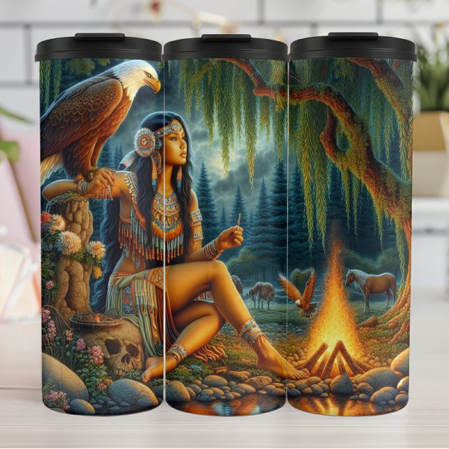 Native Woman, Eagle, Forest Retreat. Thermal Tumbler (Creator Uploaded)