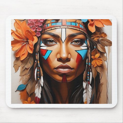 Native woman flowers and feathers mouse pad