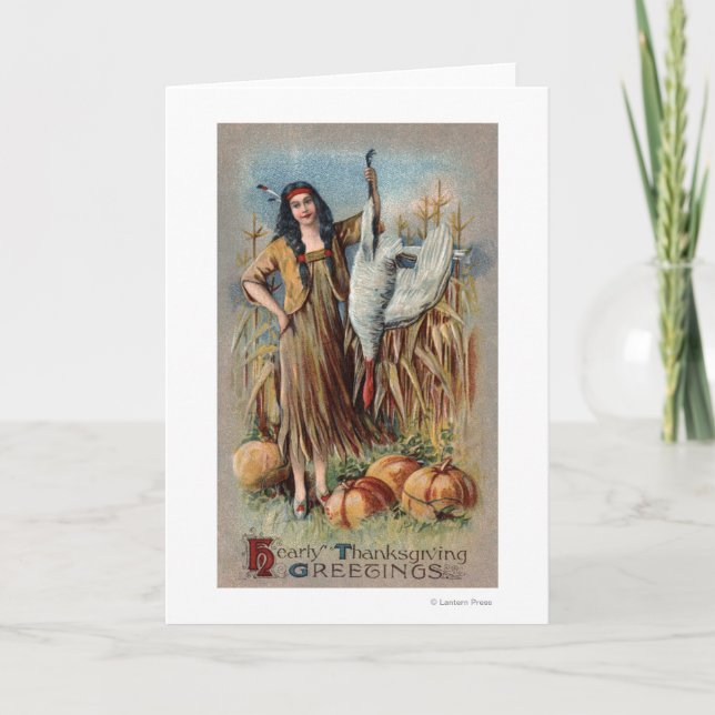 Native Woman Holding Turkey Holiday Card (Front)