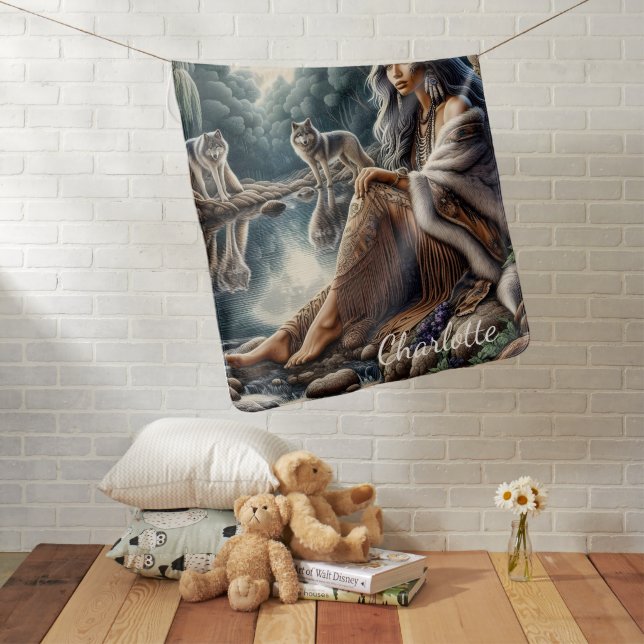 Native woman reflecting with two wolves baby blanket (In Situ)