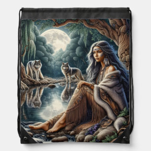 Native woman reflecting with two wolves drawstring bag