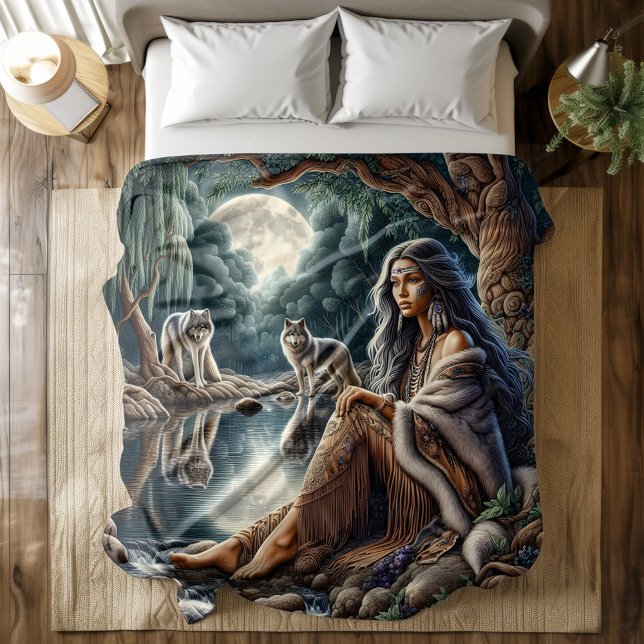 Native woman reflecting with two wolves duvet cover (Creator Uploaded)