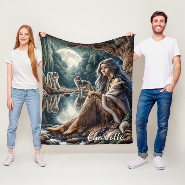 Native woman reflecting with two wolves fleece blanket (In Situ)