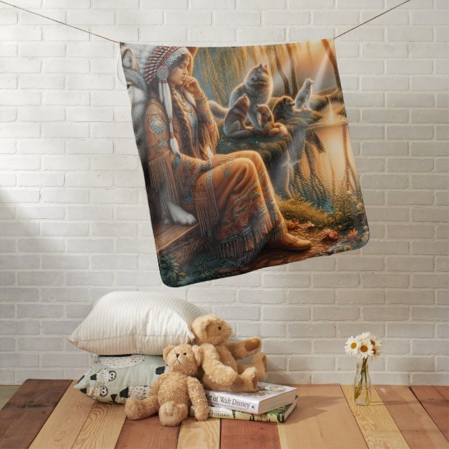 Native woman reflects by dusk lake baby blanket (In Situ)