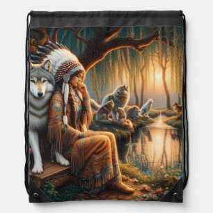 Native woman reflects by dusk lake drawstring bag