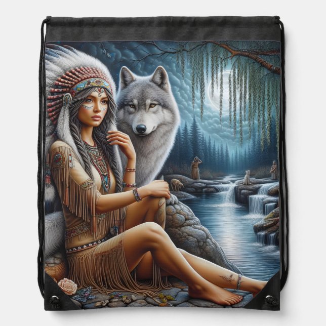 Native woman relaxes by river with wolf drawstring bag (Front)