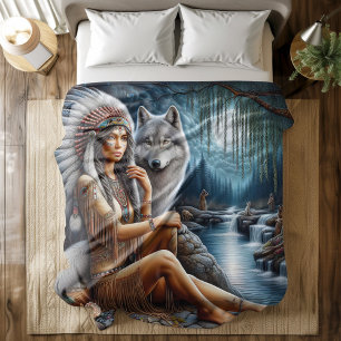 Native woman relaxes by river with wolf duvet cover