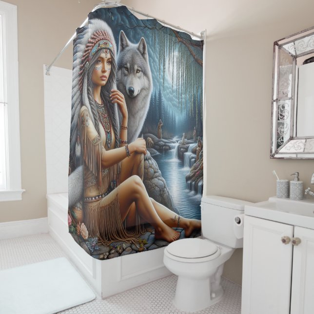 Native woman relaxes by river with wolf shower curtain (In Situ)