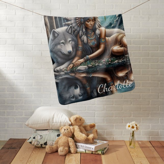 Native woman shares a moment with wolf baby blanket (In Situ)