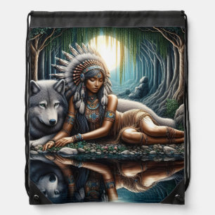 Native woman shares a moment with wolf drawstring bag