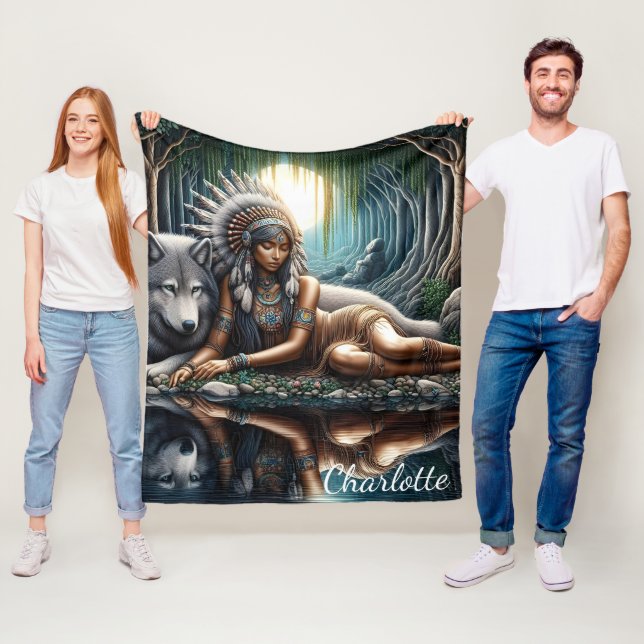 Native woman shares a moment with wolf fleece blanket (In Situ)