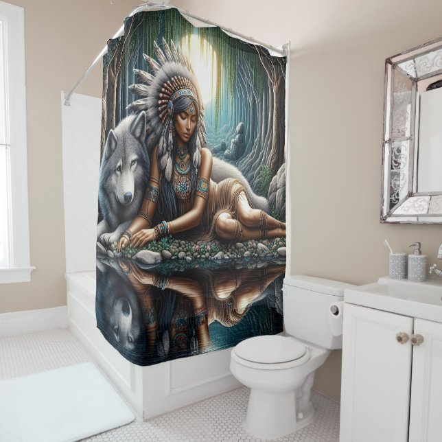 Native woman shares a moment with wolf shower curtain (In Situ)