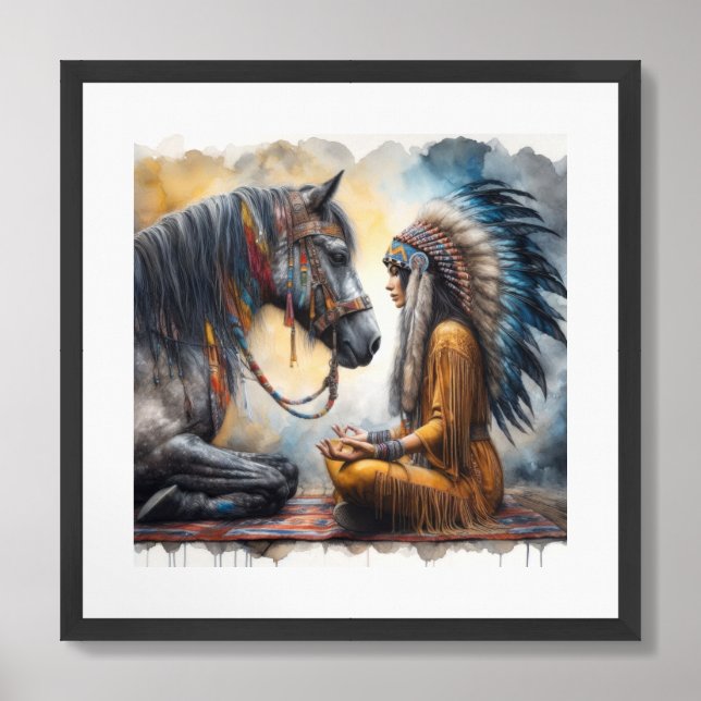 Native woman wearing an ornate feathered headband framed art (Framed Front)
