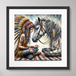 Native woman wearing an ornate feathered headband framed art