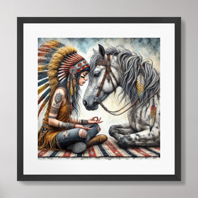 Native woman wearing an ornate feathered headband framed art (Framed Front)