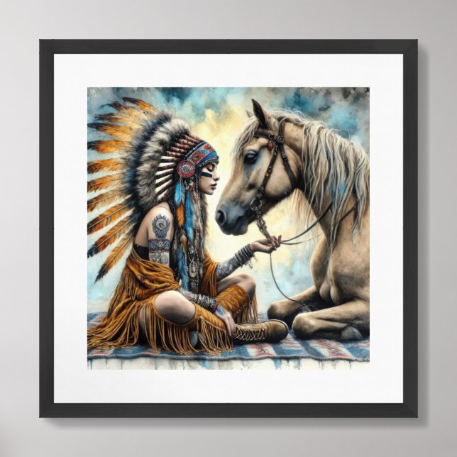 Native woman wearing an ornate feathered headband framed art (Framed Front)