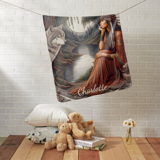 Native woman with a wolf by the river baby blanket (In Situ)