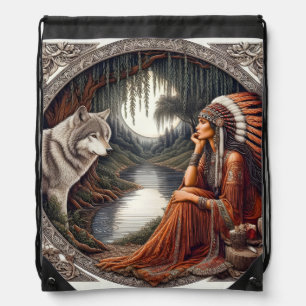 Native woman with a wolf by the river drawstring bag