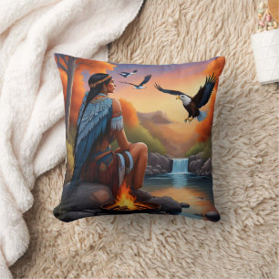Native Woman With Eagle at Sunset Throw Pillow