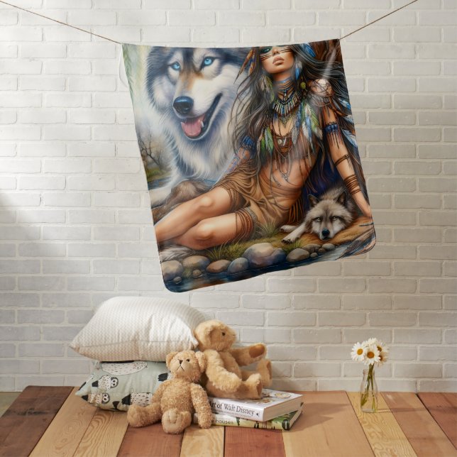 Native woman with her wolf companions baby blanket (In Situ)