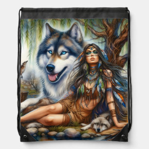 Native woman with her wolf companions drawstring bag
