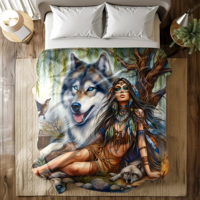 Native woman with her wolf companions duvet cover (Creator Uploaded)