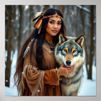 Native Woman with her Wolf Poster