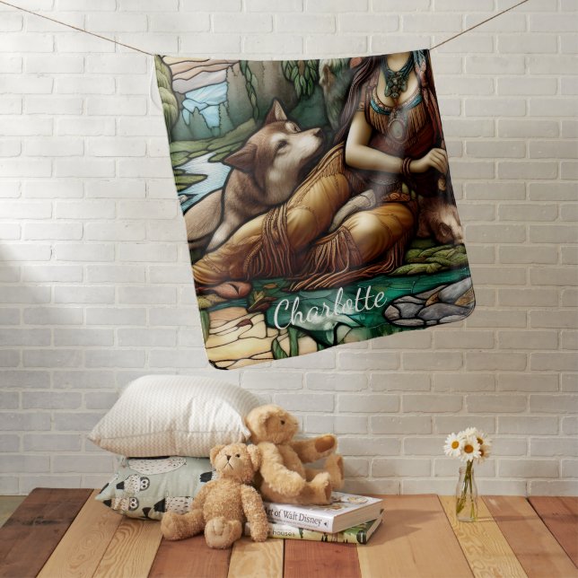 Native woman with loyal wolf companion baby blanket (In Situ)