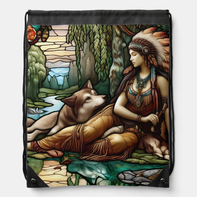 Native woman with loyal wolf companion drawstring bag (Front)