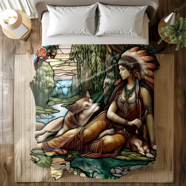 Native woman with loyal wolf companion duvet cover (Creator Uploaded)