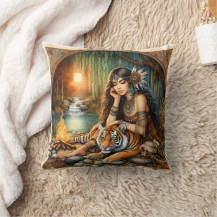 Native Woman With Tiger at Sunset Throw Pillow